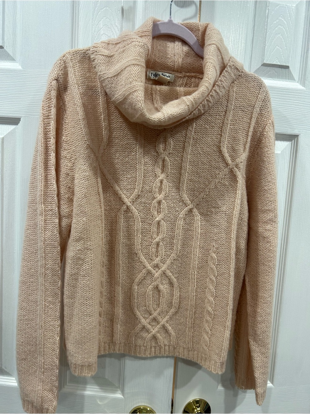 Tyler Boe Beige Cable Cowl Turtleneck Sweater